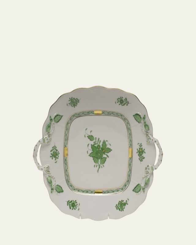 Chinese Bouquet Green Square Cake Plate with Handles